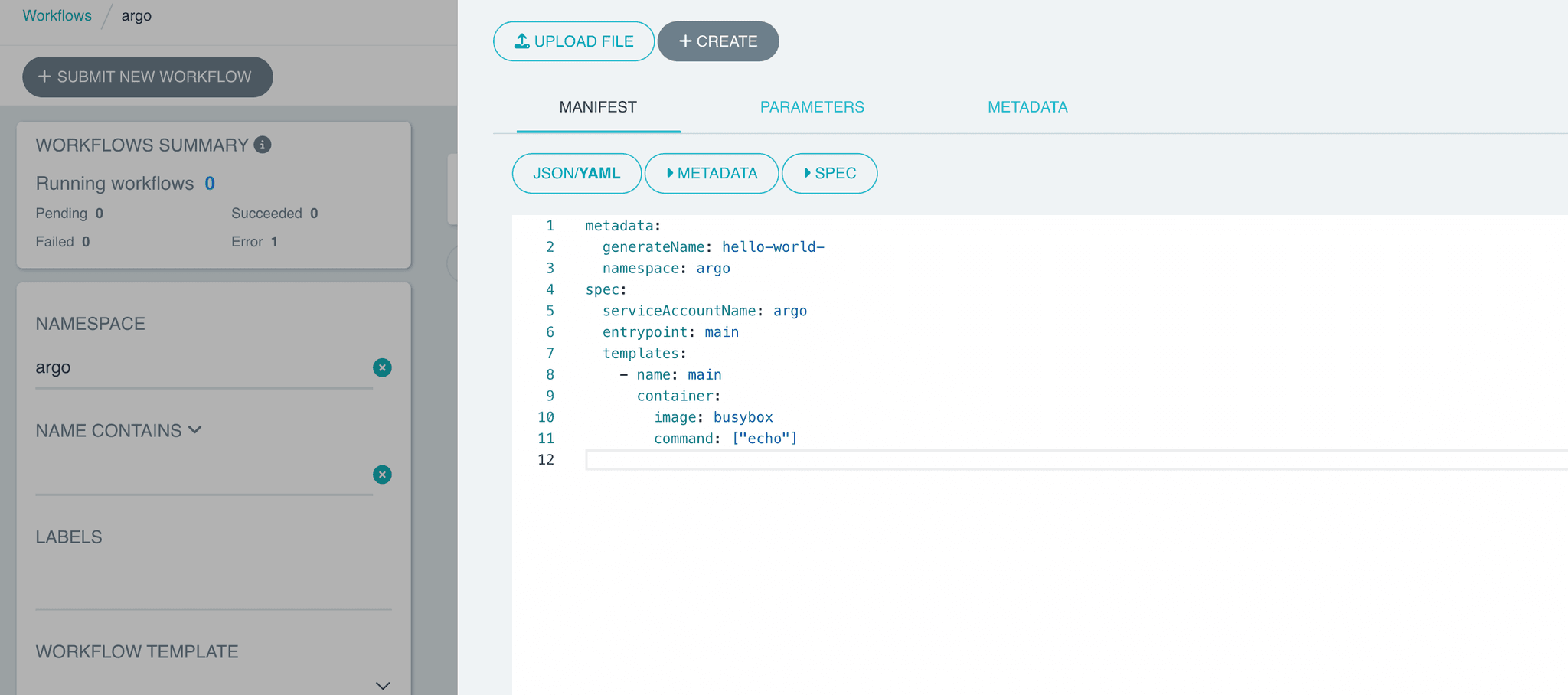 Submit an Argo workflow using the UI